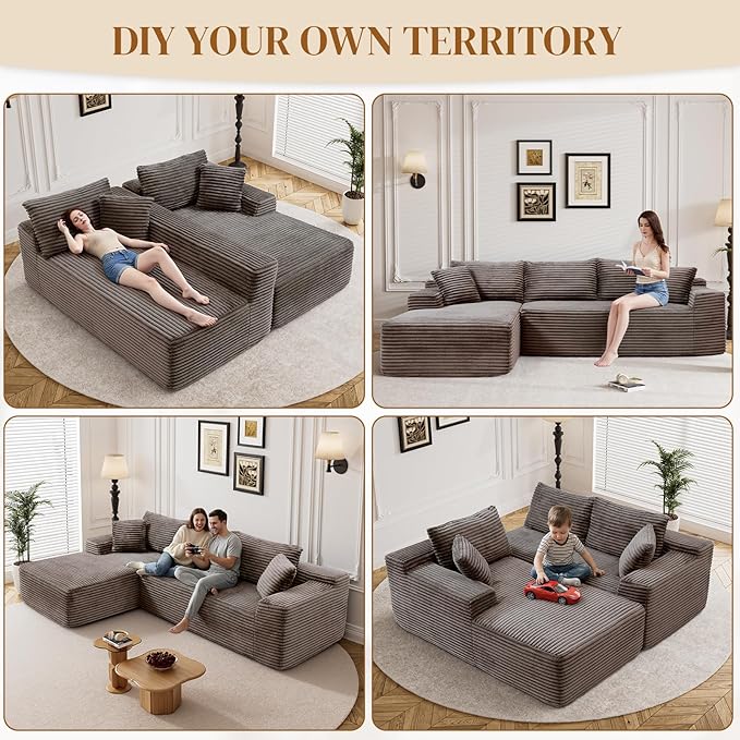 95" Boneless Cloud Sectional Couches for Living Room, Comfy Fluffy L Shaped Memory Foam Deep Seat Boneless Couch, Modular Sectional Sofa with Left Facing Chaise, Brown