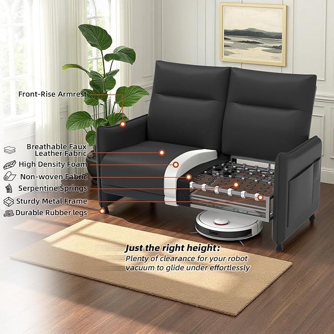 3-Piece Living Room Sofa Set, Faux Leather Loveseat & Accent Chairs Set of 2 with Hidden Foldable Tray & Side Pocket, Front Contour Arm Design, Upholstered Sofa Set for Office, Black