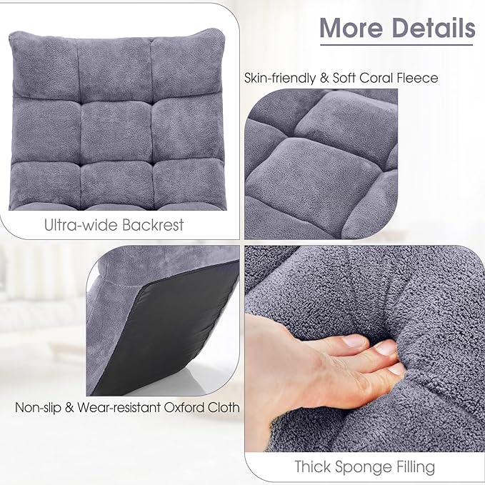 Floor Chair with Back Support, Foldling Gaming Sofa Chair with Comfy Cushion, Adjustable 14-Position Meditation Chairs, Lazy Lounge Recliner Reading Seat for Adults, Kids (Grey)