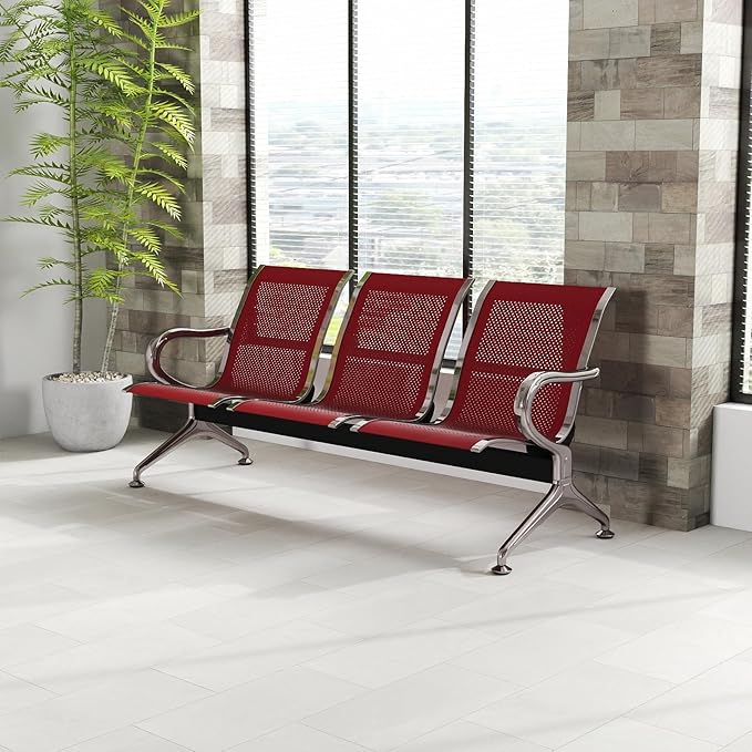 Kinfant 3-Seat Waiting Room Chair - Office Guest Reception Chairs with Ergonomic Backrests, Airport Waiting Bench with Armrests, Metal Waiting Furniture for Hospital, Bank, Salon, Dark Red