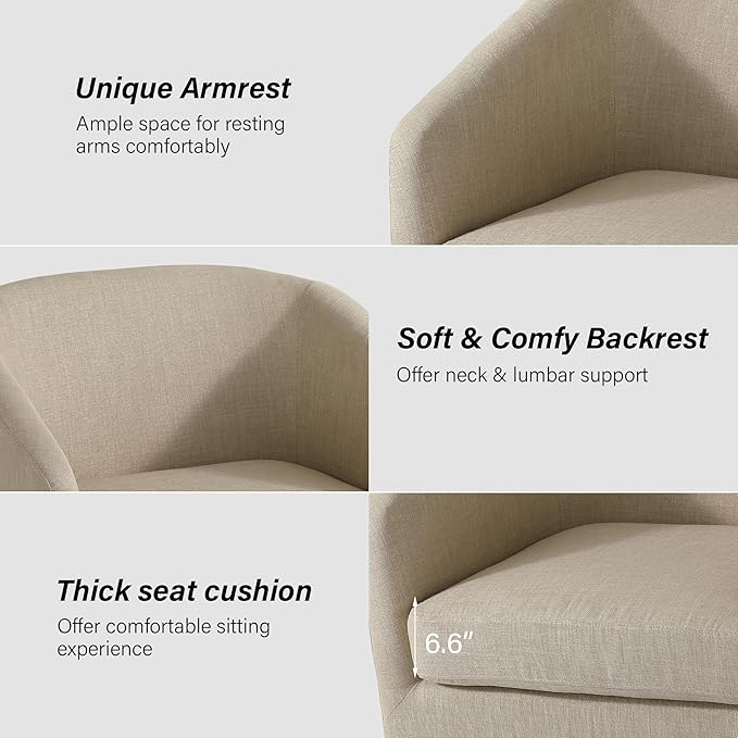 Swivel Barrel Chair, Modern Round PU Leather Accent Armchair for Living Room, Bedroom, Oversized Comfy Club Reading Chairs for Adults (Fabric Light Brown, Set of 2)