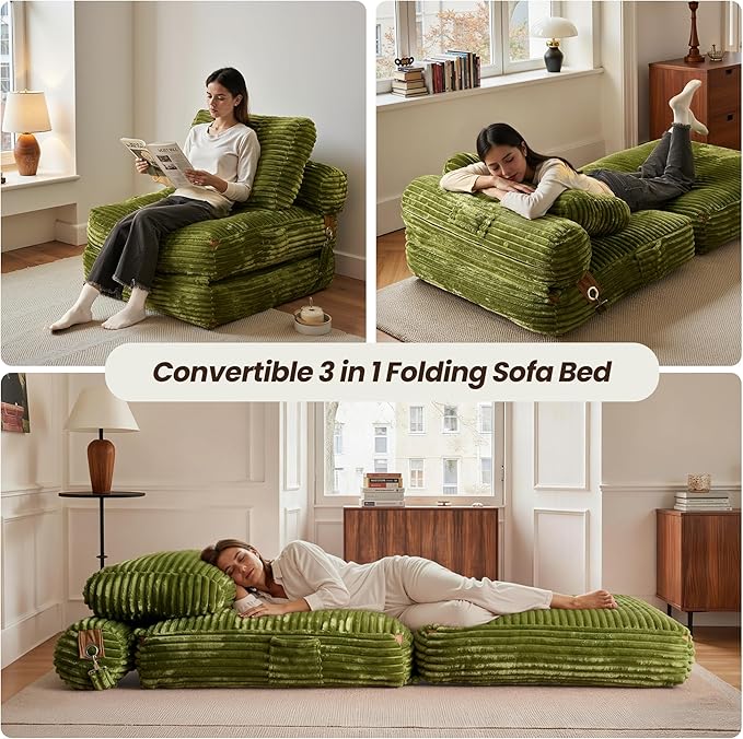 ovios Folding Sofa Bed, Foldable Sleeper Chair Floor Futon, Comfy Portable Convertible Fold Out Lounge Chairs for Living Room Bedroom, Green