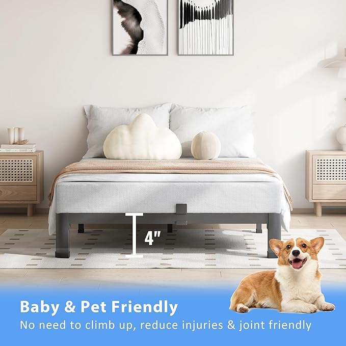 VIPSHOW 4 Inch Twin Size Bed Frame, 3500Lbs Heavy Duty Metal Platform with Round Corner Legs Mattress Slide Stopper, Steel Slat Support No Box Spring Needed, Noise Free, Non-Slip, Easy Assembly
