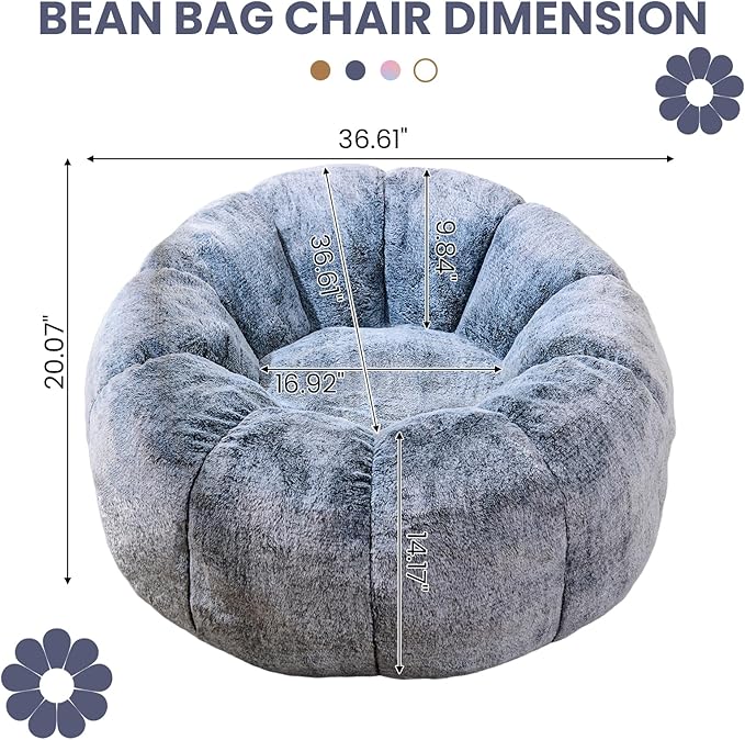 Bean Bag Chairs for Adults, Teens Youth Beanbag Reading Chair with Petal Arm Rest, Comfy Faux Fur Fluffy Bean Bag for Living Room, Bedroom, Dorm, Game - Grey, Large, Low Support