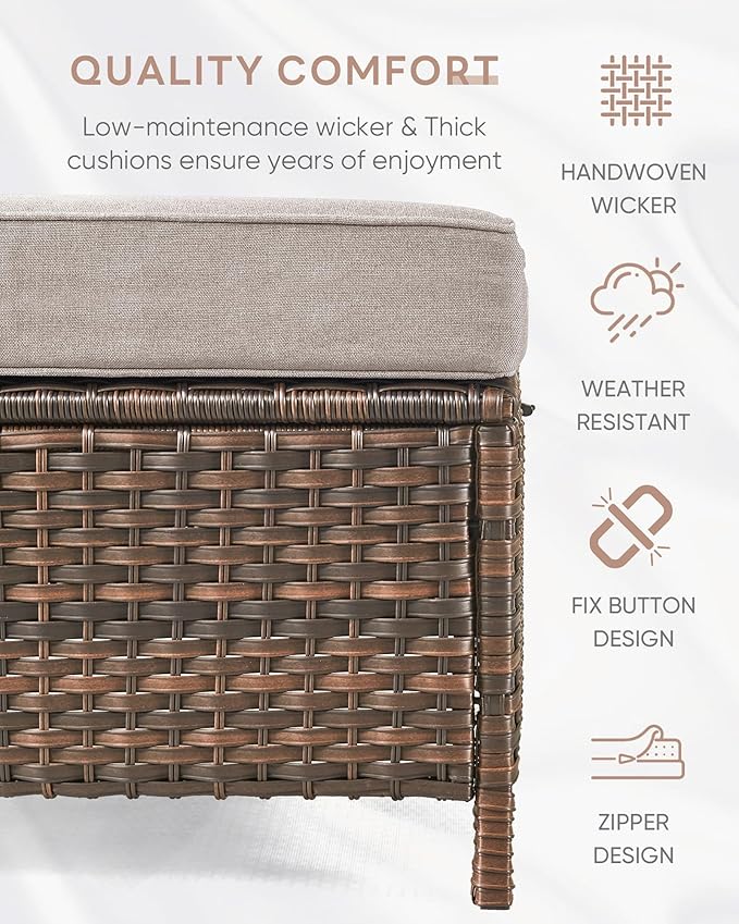 ACTREST Patio Ottoman Outdoor Wicker Side Table - 2PCS Multipurpose Heavy Duty All-Weather Brown Rattan Extra Seating Bench Footrest Footstool for Garden Back Porch Poolside Apartment - Beige