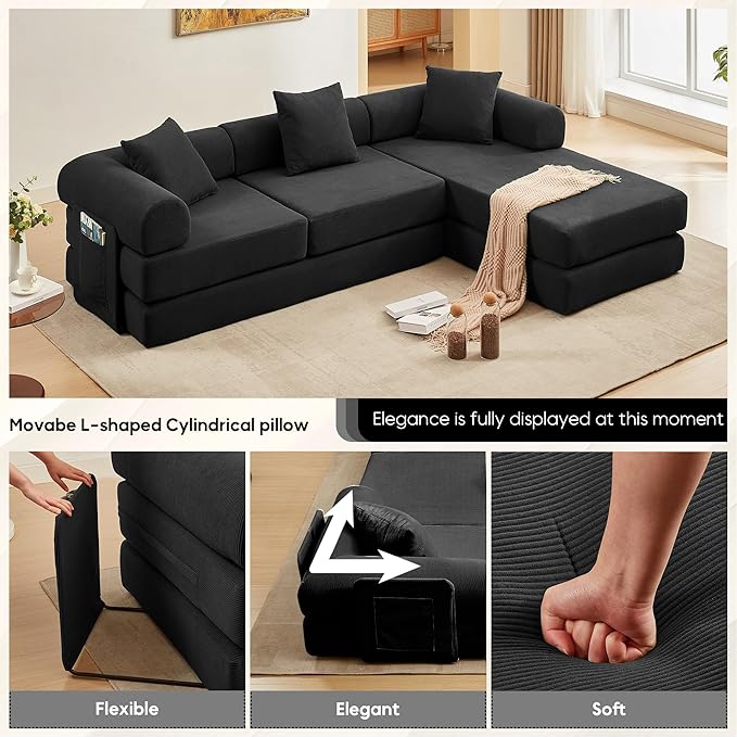 L Shaped Convertible Modular Sofa Bed with Cylindrical Pillow & Reversible Chaise, Corduroy Folding Floor Sofa Couch Bed with Fixed-Shape Frame & Storage Pocket for Living Room, Black