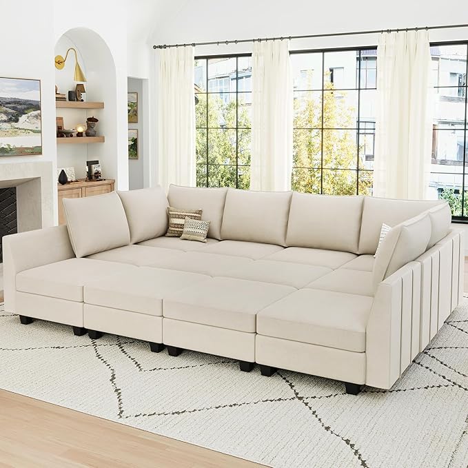 Belffin Oversized Modular Sectional Couch Sleeper Sofa with Storage Velvet Sectional Sofa Bed for Living Room, 12 Seats, Beige