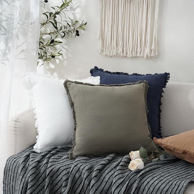 Foindtower Set of 2 Decorative Linen Fringe Throw Pillow Covers Cozy Boho Farmhouse Cushion Cover with Tassels Soft Accent Pillowcase for Couch Sofa Bed Living Room Home Decor,12×24 Inch,White