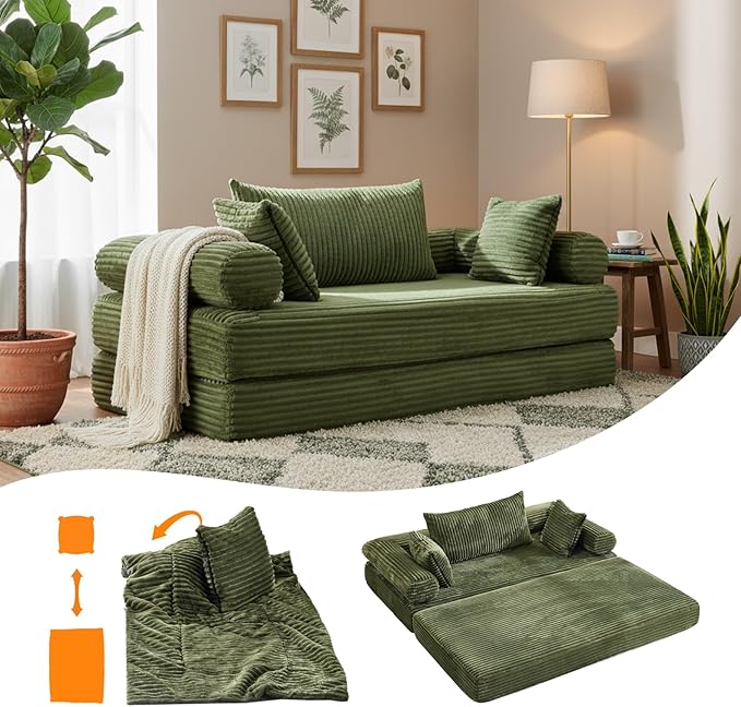 VINGLI Convertible Futon Sofa Bed, Upholstered Corduroy Boneless Couch King Size Floor Loveseat Sleeper Sofa with 2-in-1 Throw Pillow, Couches for Living Room, Bedroom, Lounge, Green