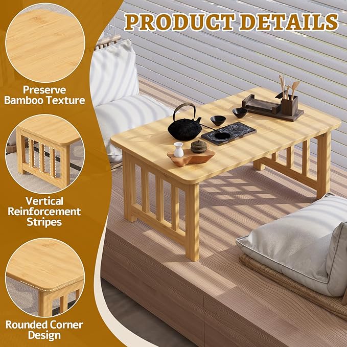 JNNXZZ Japanese Folding Coffee Table,Foldable Low Table for Sitting,Bamboo Collapsible Floor Tea Table,Portable Versatile Meditation Table for Tatami Living Room Home Office Apartment (Wood Color)