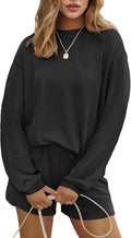 Ekouaer 2 Pieces Lounge Set for Women Long Sleeve Pajamas Top and Shorts Matching Sets Outfits with Pockets