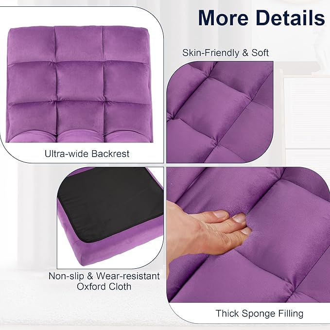 Floor Chair, 24 inches Wide Oversized Velvet Armless Lay Flat Floor seat Padded Meditation Chair with 6 Adjustable Position Ergonomic Comfortable Convenient(LRSF-009-PURPLE)