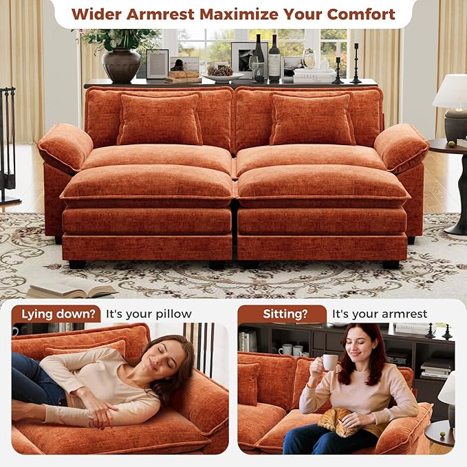 CDCASA 86" Modular Sectional Sofa, Comfy Cloud Couch with 2 Movable Ottoman, 4-Seater Chenille Deep Seat Sofa Bed Modern Sofa Couch for Living Room, Terracotta Orange