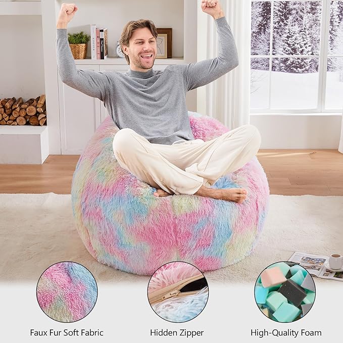Rainbow Bean Bag Chair - Giant Bean Bag Chairs for Adults and Kids - Oversized Bean Bag Sofa Couch with Filler - Faux Fur BeanBag Furniture for Living Room Bedroom Dorm Office - 41inch