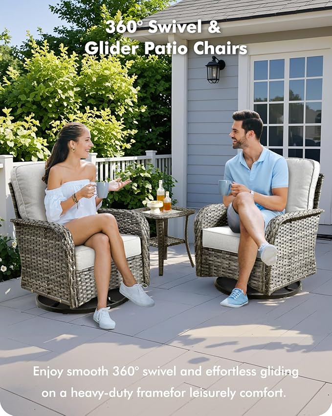 CAODOC 3-Piece Swivel Rocking Rattan Chair Outdoor, Patio Bistro Furniture Conversation Set, Wicker Chair with Coffee Table Grey
