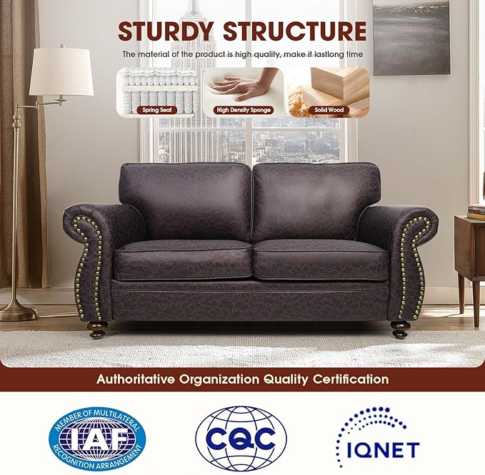 Couchus Mid-Century Vintage Sofa Couches with Rivet Design,loveseat Sofa,Removable Sofa Cover Upholstered Cushions and Solid Wood Frame (Brown, Loveseat)