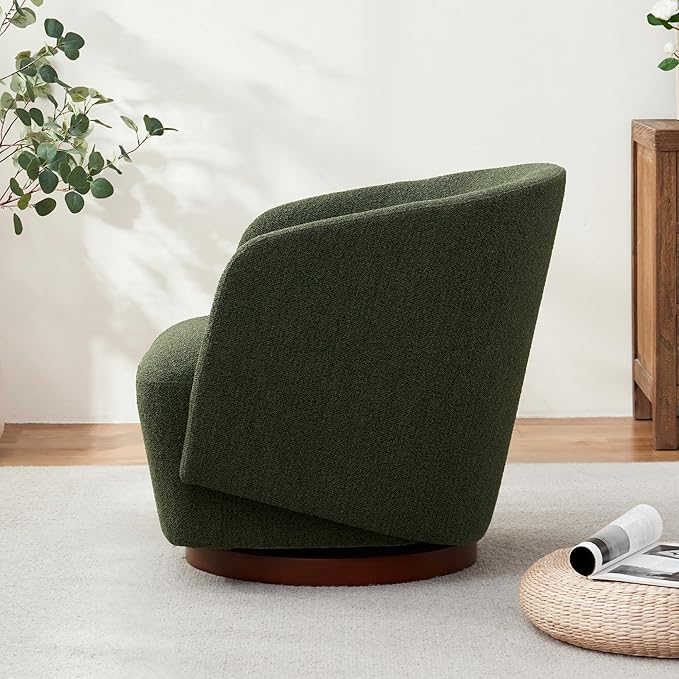 Boucle Swivel Accent Chair, No Assembly Upholstered Armchair with Rubberwood Base, 360° Rotating Barrel Chair for Living Room, Bedroom, Apartment & Reading Nook (1, Green)