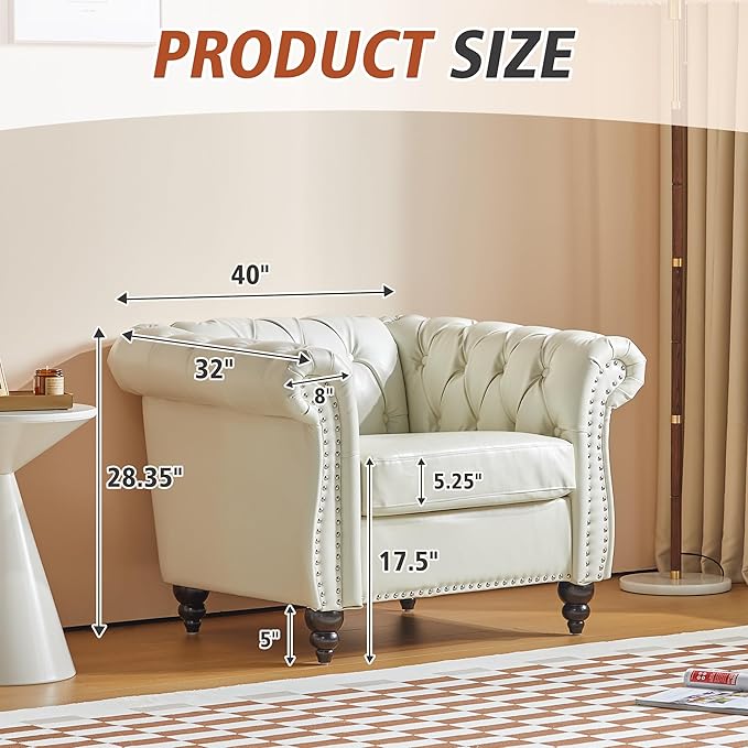 QHITTY Accent Chair, Chesterfield Chair Modern Leather Upholstered with Tufted Back for Living Room Furniture (White)