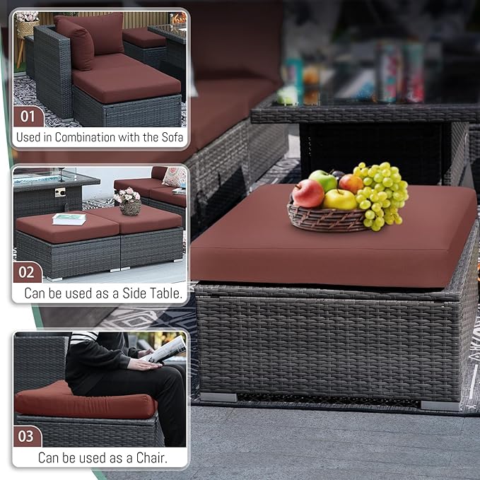 RADIATA 7 Piece Wicker Patio Furniture Set with Fire Pit, All-Weather Outdoor Sectional Couch High Back Large Size, Modular Backyard Seating Sofa Set with Propane/Natural Gas Firepit Table, Grey&Red
