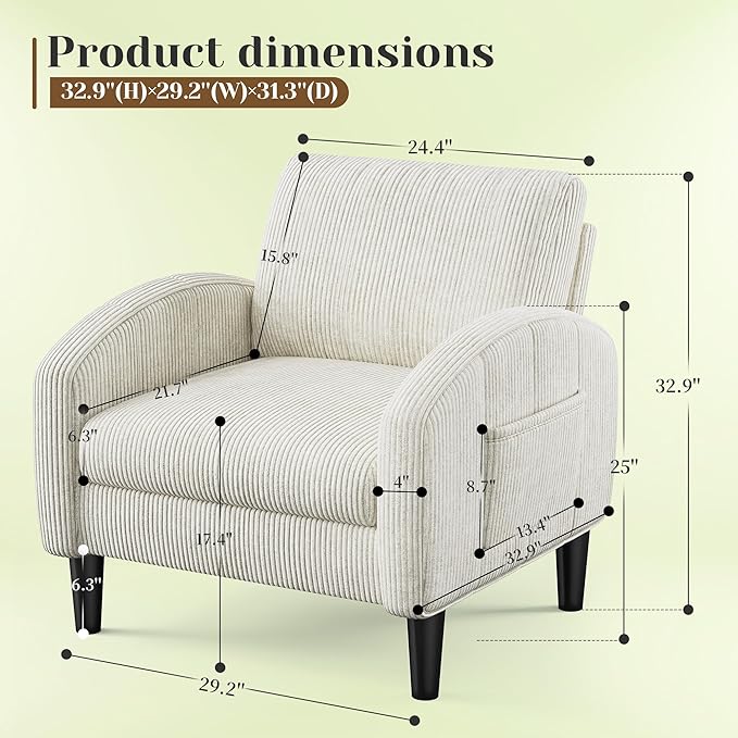 Accent Chair for Living Room,Comfy Reading Chair for Bedroom,Mid Century Modern Chair with 2 Side Pockets,Upholstered Armchair for Apartment,Small Room,Beige