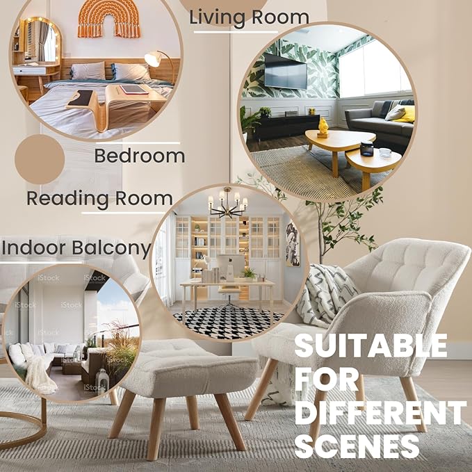 ZH4YOU Sherpa Accent Reading Chair with Ottoman, Modern Fuzzy Chair with Ottoman Upholstered Armchair with Wood Legs Comfy Lounge Chair for Small Spaces Living Room Bedroom Book Nook, White