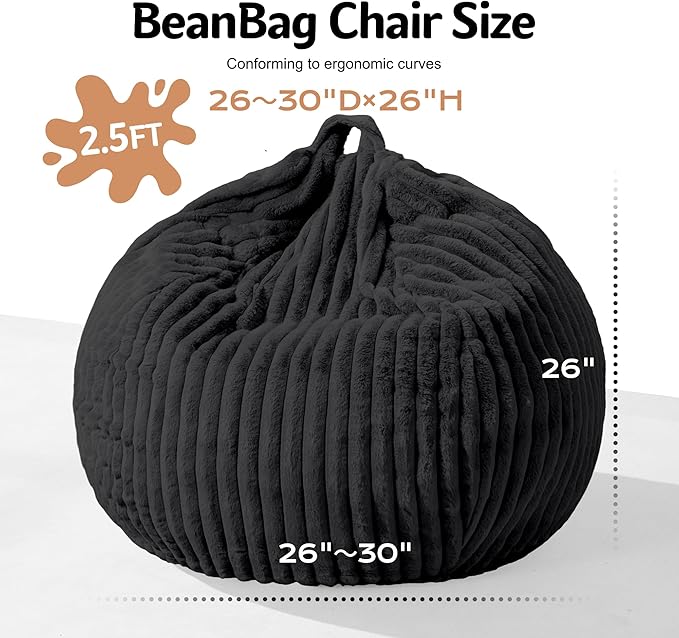 Homguava 2FT Bean Bag Chair, 2' Small Bean Bags with Memory Foam Filled, Beanbag Chairs with Machine Washable Cover Dutch Corded Plush Cover for Classroom,Living Room,Bedroom-Black