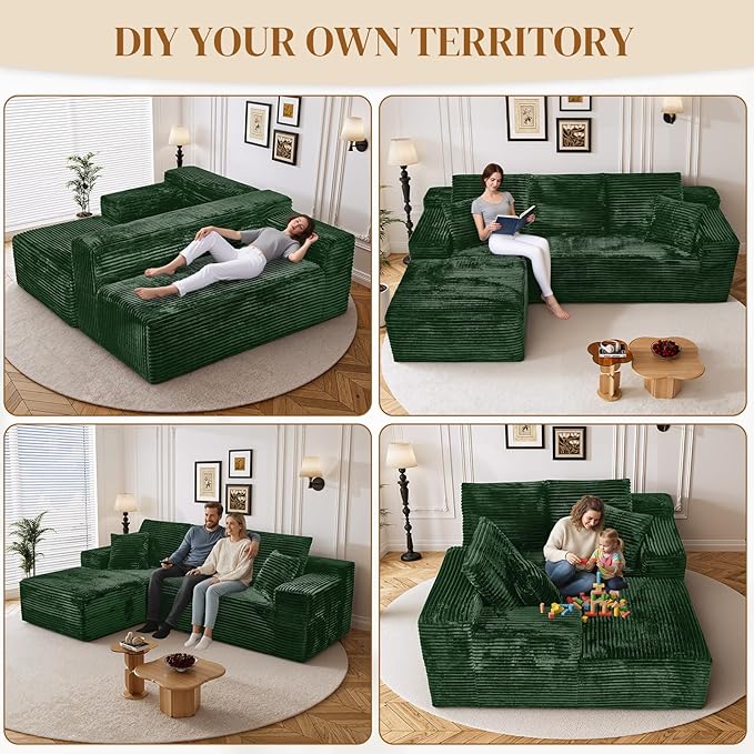 108" Boneless Cloud Sectional Couches for Living Room, Comfy Fluffy L Shaped Memory Foam Deep Seat Boneless Couch, Modular Sectional Sofa with Left Facing Chaise, Green