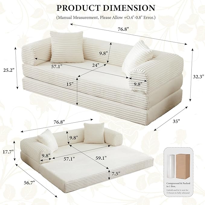 Chorlenimi Boneless Couch Futon Sofa Bed Sectional Couches for Living Room,Cloud Couch with Sleeper Sofa,Sofas for Living Room Oversized Corduroy Upholstered (White, 76 Inches (No Iron Frame))
