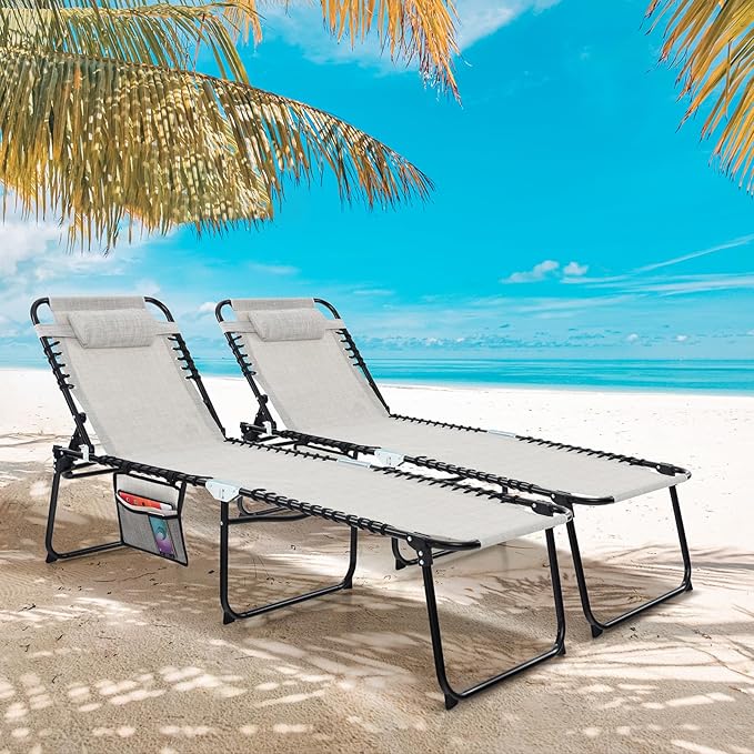 Goplus Chaise Lounge Chair Outdoor, Folding 5-Postion Beach Lounger with Detachable Pillow, Side Pocket, Sunbathing Lounge Chair, Adjustable Tanning Chair for Patio Lawn Pool Yard