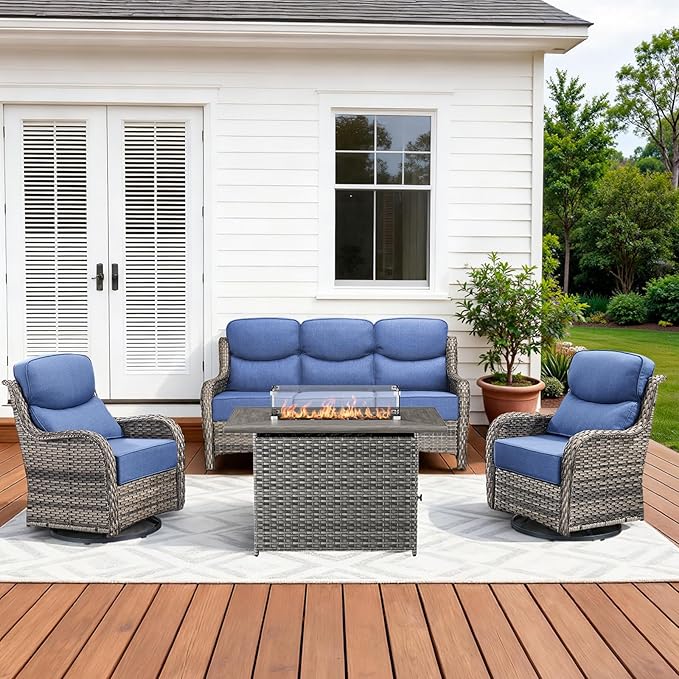 Pugire Luxury High Back Patio Furniture Set with 6-Inch Thick Cushions, 4-Pieces Outdoor Furniture with Swivel Chairs, Wicker Conversation Set for Porch, Balcony, Deck and Yard, Grey/Blue