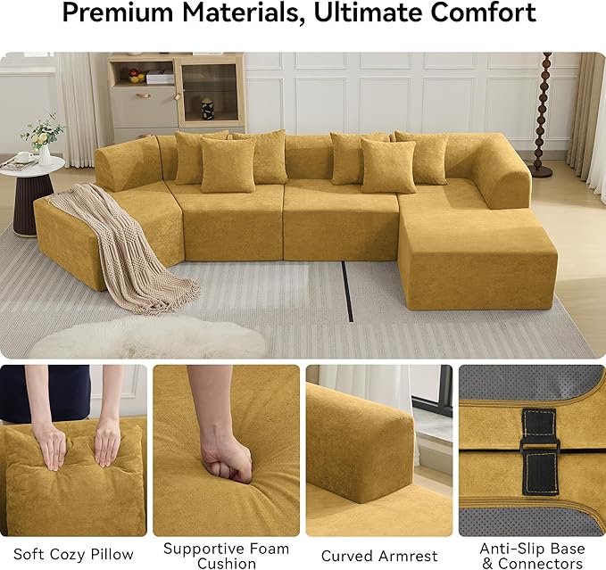 140''Oversized Cloud Velvet Curved Sectional Couch, Boneless Couch with L-Shape Chaise, Upholstered Compression Memory Foam Modular Sectional Sofa for Living Room, No Assembly Required, Yellow