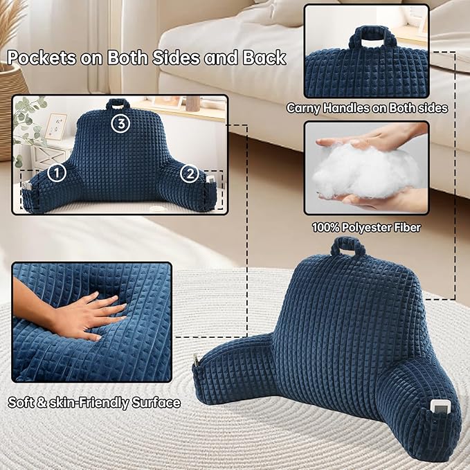 PAJEO Reading Pillow for Sitting in Bed, Large Backrest Reading Pillow with Arm Rest,Back-Rest Support Cushion for Sit Up on Couch, Sofa, and Floor (Dark Blue Flannel, Standard(17inch))