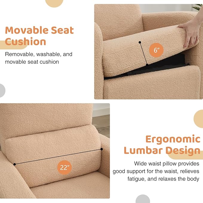 AEMEIOS Power Swivel Rocker Recliner, Oversized Boucle Electric Recliner Chair, Swivel Glider Nursery Reclienr with Removable Cushion, Upholstered Recling Chair for Living Room Bedroom, Teddy Camel