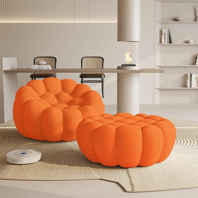 WJShome Modular Sectional Sofa,Bubble Couch Set,1 Seater+ Ottoman,Modern Upholstered Bean Bag Sofa Couch Mesh Fabric Lazy Floor Chair Living Roon Sets (Orange)