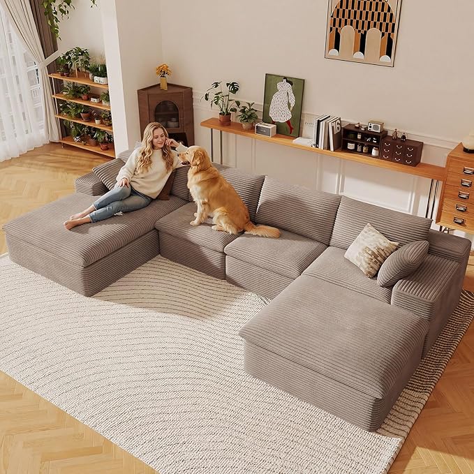 136" Cloud Sectional Couch with U-Shaped Chaise,Corduroy Viral Boneless Sofa with Ottoman,Memory Foam Couches in a Box with Deep Seat for Living Room,No Assembly Required (Camel,Left-Facing Chaise)