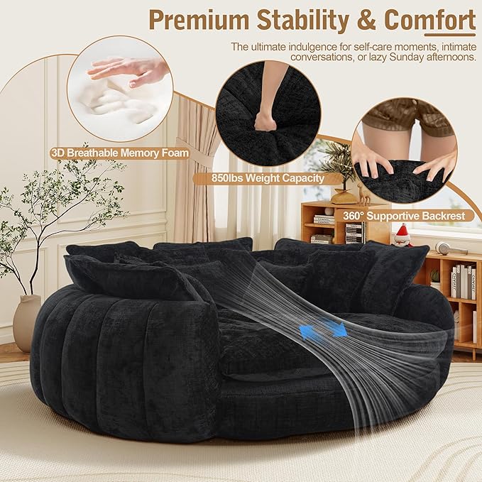 82'' Oversized Upholstered Sofa Bed, Round Chaise Lounge Chair Indoor, Modern Chenille Boneless Couch, No Assembly Required, Plush Sleeper Chair with 14 Pillows for Living Room, Black