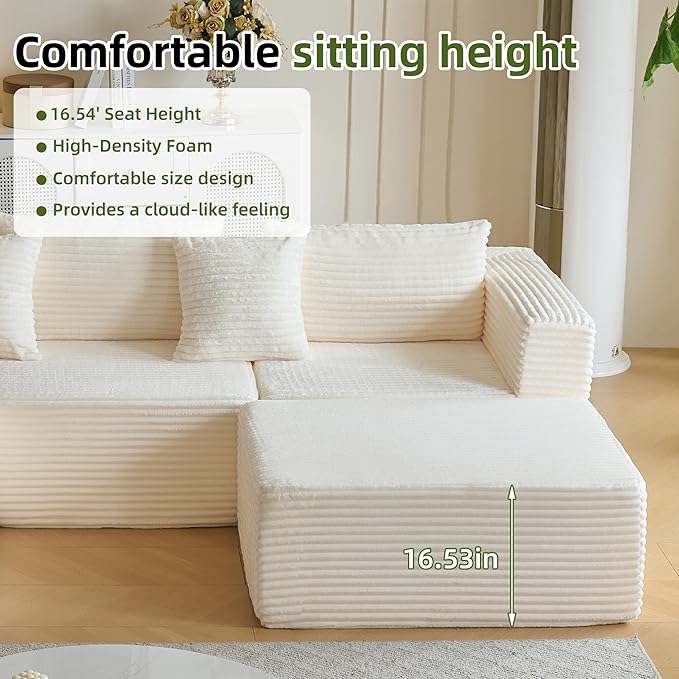 110" Modular Sectional Couch with 2 Movable Ottoman, Cloud Sofa Couches for Living Room, U Shaped Deep Seat Boneless Sofa,Luxury Corduroy Fabric, No Assembly Required White