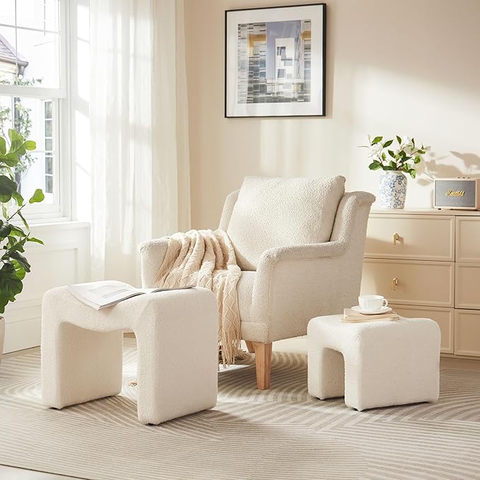 Small Footstool Ottoman Vanity Stool Chair Seating Backless Modern Foot Rest Teddy Velvet Ottoman Set for Makeup Room Living Room Bedroom Entryway,White (2-in-1)