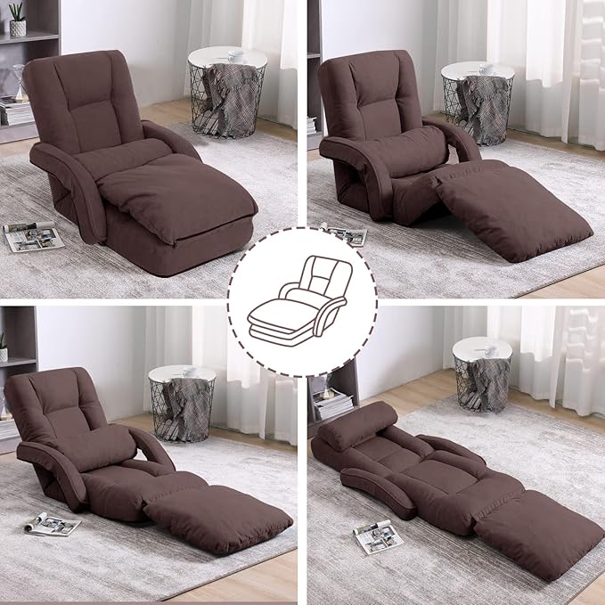 Foldable Lazy Sofa Bed 14-Position Adjustable Comfy Floor Chair Chaise Lounge with Armrests and Pillow with Gaming Recliner for Adults Kids with Foot Rest Futon Sofa (Brown)