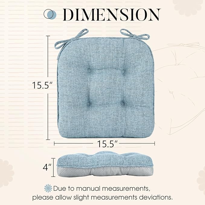 Basic Beyond Chair Cushions for Dining Chairs 4 Pack, Chair Cushion with Ties and Non Slip Backing, 15.5 x 15.5 inches Tufted Chair Pads for Dining Chairs(Baby Blue)
