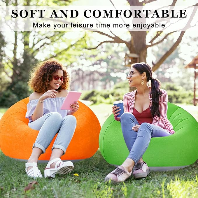 Realspring 2 Pcs Inflatable Bean Bag Chairs with Electric Air Pump Outdoor Blow up Chair Inflatable Lazy Sofa Folding Portable Loungers Couch for Living Room Bedroom(Orange, Green)
