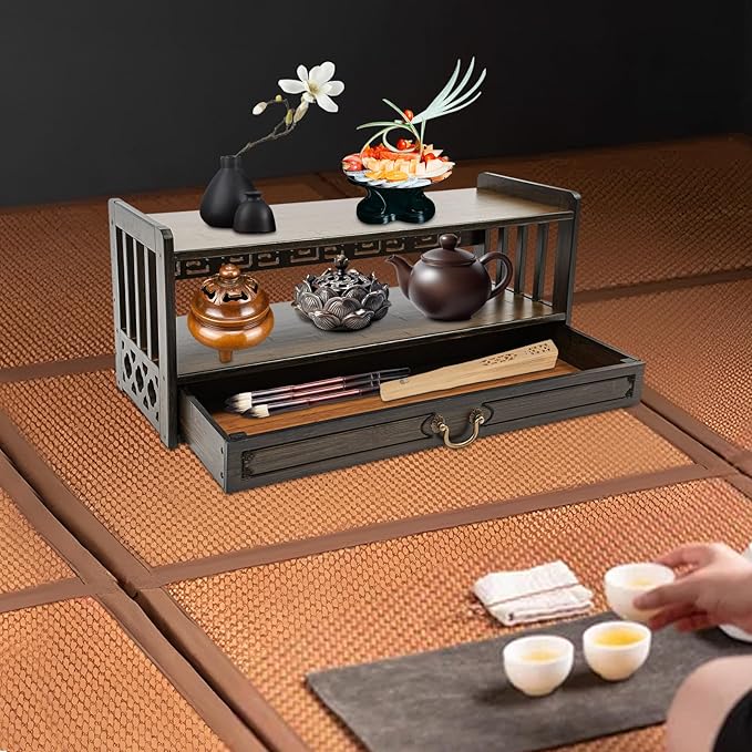 Floor Table Low 2-Tier Meditation Altar Table with Drawers Bamboo Coffee Table Desktop Organizer for Japanese Tatami Chinese Asia, Prayers, Displaying Jars/Plants/Books-27.2*9.8*11in (Walnut Color)