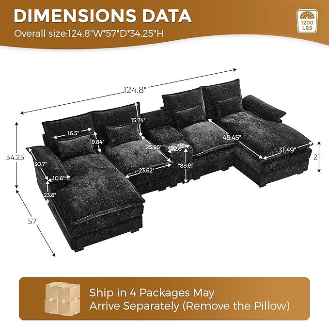 HYJT-H&K 124" U Shaped Cloud Couch Sectional, Comfy Fluffy Chenille Black Sectional Couches for Living Room, Modern Modular Sectionals Sofa with Central Console Double Chaise Lounge Black Grey