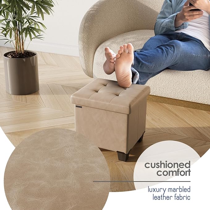 Storage Ottoman Cube with Small Bin, 16-in Square Ottoman with Storage for Living Room and Bedroom, Small Ottomans Foot Rest, Faux Leather Foot Stools Ottomans Max 330lbs, Taupe