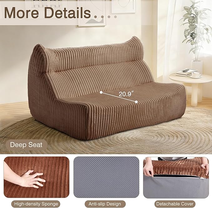 Big Bean Bag Chairs, Lazy Floor Sofa, Fireside Chair for Living Room, Bedroom, Office (Brown, Loveseat)