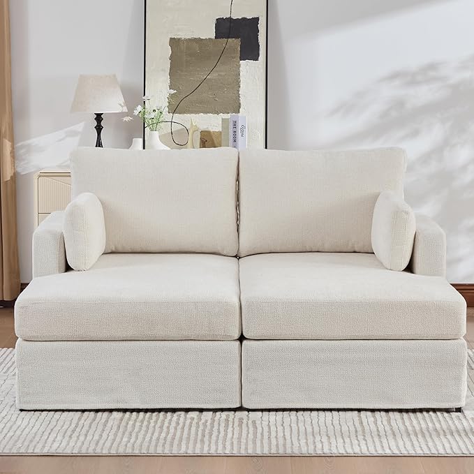 Arouseden 63" Beige Chaise Lounge Chair Indoor,Oversized Double Chaise Lounge with Headrests Offer Neck Comfort,Chenille Sectional Couch,Cozy Oversized Chairs with Armrests and Throw Pillows