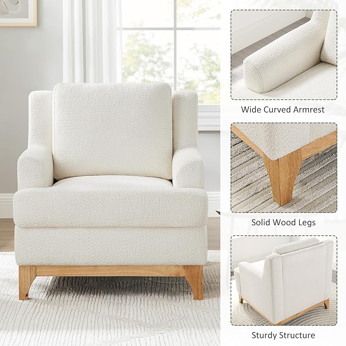 VANOMi Oversized Accent Chair, Modern Boucle Armchair with Wood Legs, Modern Reading Chair with Thick Cushion, Comfy Chairs for Living Rooms, Bedrooms, Reading nooks and Apartments