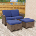 COOS BAY Harbor Retreat 3 Piece Outdoor Furniture Set, Patio Conversation Set with 2 Seat Loveseat and Ottomans, Wicker Furniture, Brown/Blue