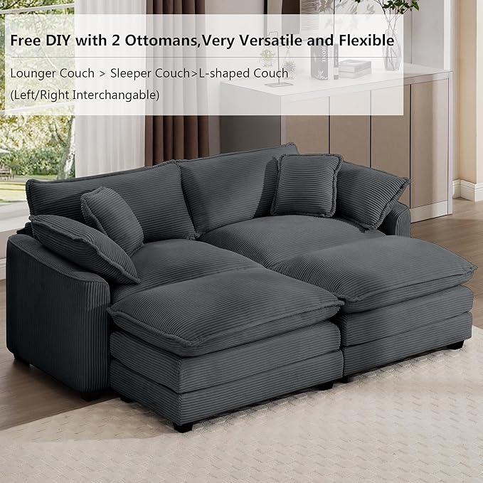 Aoowow Oversized Loveseat Couch with Ottomans,Modern Corduroy 2 Seater Cloud Couches for Living Room,Modular Sectional Cloud Sofas Deep Seat,Double Lounger Sleeper Sofa