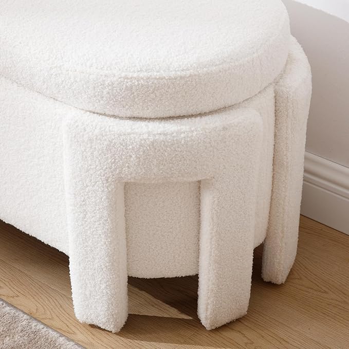 DM Furniture Modern Sherpa Storage Ottoman Bench for Bedroom 47.25 in Comfy Boucle Upholstered Entryway Bench with Storage for End of Bed/Living Room/Lounge/Window Corner, White